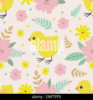 Seamless pattern with chickens and flowers. Vector Stock Vector