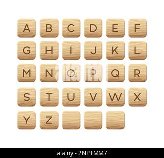 Wooden tiles alphabet. Square block with letters. Game asset, puzzle or crossword games UI, vector illustration. Stock Vector