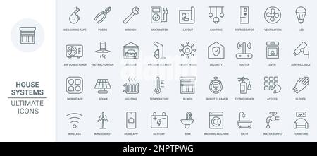 Smart home systems thin line icons set vector illustration. Outline electrical appliances and device to control energy, temperature and lighting, remote surveillance and air conditioner, refrigerator Stock Vector