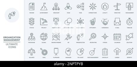 Business management, human resource organization thin line icons set vector illustration. Outline direction and efficiency of multitasking communication, recruiting and resume search, achievement Stock Vector