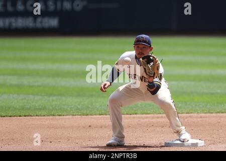 July 23, 2023: Milwaukee Brewers second baseman Owen Miller (6) beats the  tag by Atlanta Braves shortstop Orlando Arcia (11) for a stolen base during  the game between the Milwaukee Brewers and