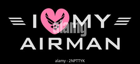I Love My Airman. Air force pilot quote with Air force logo into the pink heart shape. Stock Vector
