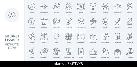Online security thin line icons set vector illustration. Outline cybersecurity system and hosting on server, data update and protection with shield, accepted secure wireless connection and global GPS Stock Vector