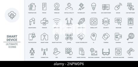 Smart home devices thin line icons set vector illustration. Outline virtual reality technology, autonomous lighting and automated software to control temperature of house, air conditioner and drone Stock Vector