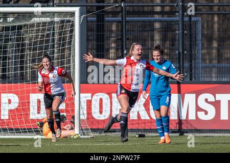 Rotterdam, The Netherlands. 26th Feb, 2023. Rotterdam, the Netherlands, February 26th 2023: Amber Verspaget (21 Feyenoord) celebrates after scoring her team's first goal during the TOTO KNVB Beker Vrouwen game between Feyenoord and PSV at Varkenoord in Rotterdam, the Netherlands. (Leiting Gao/SPP) Credit: SPP Sport Press Photo. /Alamy Live News Stock Photo