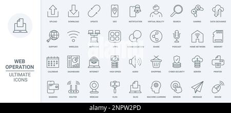 Web communication thin line icons set vector illustration. Outline online upload, download and update data and geo location in mobile apps, cyber security of wireless network, virtual reality games Stock Vector