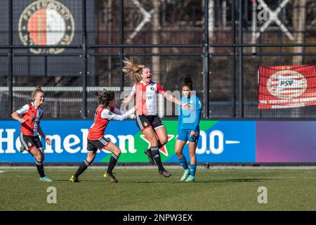 Rotterdam, The Netherlands. 26th Feb, 2023. Rotterdam, the Netherlands, February 26th 2023: Amber Verspaget (21 Feyenoord) celebrates after scoring her team's first goal during the TOTO KNVB Beker Vrouwen game between Feyenoord and PSV at Varkenoord in Rotterdam, the Netherlands. (Leiting Gao/SPP) Credit: SPP Sport Press Photo. /Alamy Live News Stock Photo