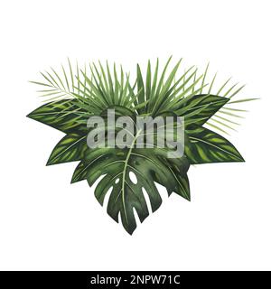 Composition tropic variegated plants leaves Monstera and palm watercolor isolated on white background. Watercolor hand drawn botanical llustration for Stock Photo