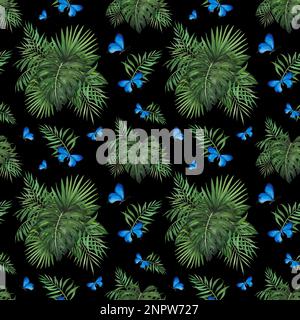 seamless pattern tropic Monstera and butterfly watercolor isolated on black background. Watercolor hand drawn botanical llustration for design packagi Stock Photo