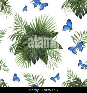 seamless pattern tropic Monstera and butterfly watercolor isolated on white background. Watercolor hand drawn botanical llustration for design packagi Stock Photo