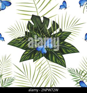 seamless pattern variegated leaves and butterfly watercolor isolated on white background. Watercolor hand drawn botanical llustration for design packa Stock Photo