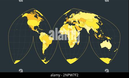 World Map. Bogg's interrupted eumorphic projection. Futuristic world illustration for your infographic. Bright yellow country colors. Charming vector Stock Vector