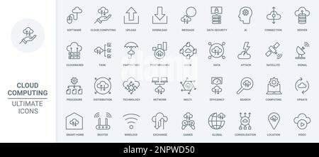Cloud computing thin line icons set vector illustration. Outline server connection for download and upload of data files, update backup and software version, online security and signal efficiency Stock Vector