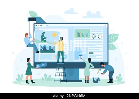 Website creation. Tiny people with construction crane build new portal ...