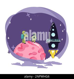 cartoon space backgrounds. Templates for flyers, banners, cards, covers, frames, posters. Vector children s illustration. The rocket takes off into th Stock Vector