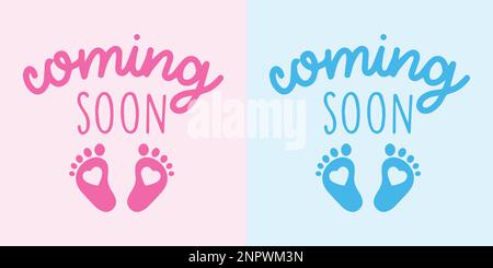Baby Coming Soon Vector Text. Pink and Blue Vector illustration with baby footprint. Stock Vector