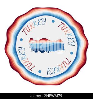 Turkey badge. Map of the country with beautiful geometric waves and vibrant red and blue frame. Vivid round Turkey logo. Vector illustration. Stock Vector