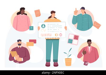 Job search of man holding CV vector illustration. Cartoon HR team inside round frames recruiting tiny person with resume, process of interview with headhunters looking on happy applicant character Stock Vector