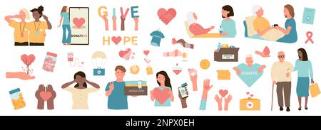 Charity set vector illustration. Cartoon social awareness and help collection, people donate money and humanitarian aid, give support and care, volunteers work in nonprofit company with altruism Stock Vector