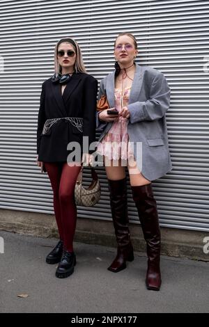MILAN, ITALY - FEBRUARY 25, 2023: Woman with Pink Jacket with Black Roses  and Black Leggings before Missoni Fashion Show, Milan Editorial Photo -  Image of accessory, pink: 275042826