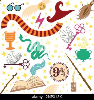 Magic items seamless pattern in flat style. School of Magic. Pumpkin, key, magic ball, feather, spider, hat, broom, skull, snake, goblet, wand, candle Stock Vector