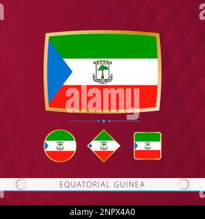 Set of Equatorial Guinea flags with gold frame for use at sporting events on a burgundy abstract background. Vector collection of flags. Stock Vector