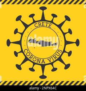 Corona virus in Crete sign. Round badge with shape of virus and Crete map. Yellow island epidemy lock down stamp. Vector illustration. Stock Vector