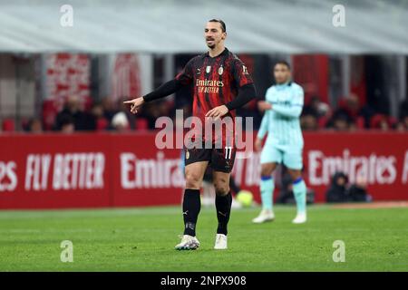 Milan, Italy. 26th Feb, 2023. Zlatan Ibrahimovic of Ac Milan gestures during the  Serie A match beetween Ac Milan and Atalanta Bc at Stadio Giuseppe Meazza on February 26, 2023 in Milano, Italy . Credit: Marco Canoniero/Alamy Live News Stock Photo