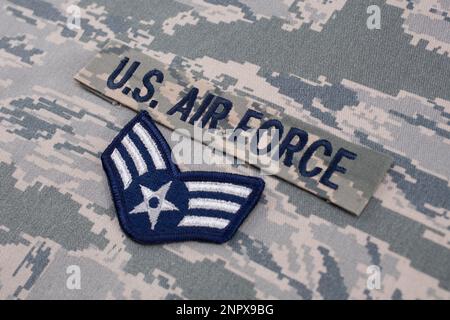 August 31, 2020. US AIR FORCE branch tape and Senior Airman rank patch on digital tiger-stripe pattern Airman Battle Uniform (ABU) Stock Photo