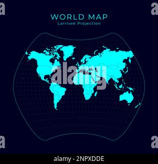 Map of the World. Larrivee projection. Futuristic infographic world illustration. Bright cyan colors on dark background. Radiant vector illustration. Stock Vector