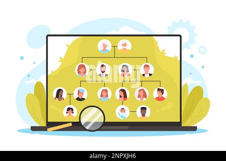 Family tree app, genealogy software vector illustration. Cartoon infographic template with laptop and magnifying glass, relatives, grandparents, parents and children connected with lines on screen Stock Vector