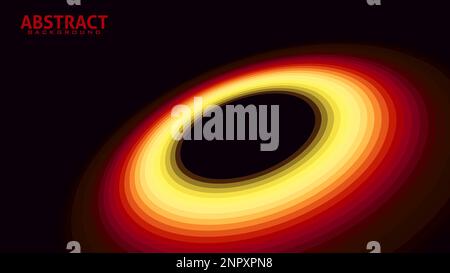 Striped disk in perspective with color gradation from yellow to carmine on dark background. Vector graphic pattern Stock Vector