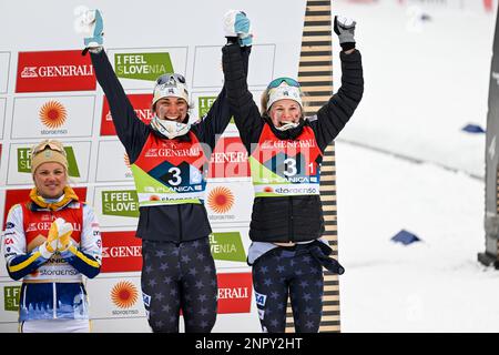 Jessie Diggins and Julia Kern of United States of America celebrate
