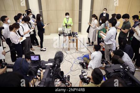 Tokyo Governor Yuriko Koike makes her first public speech of the Tokyo Governor's election at Tokyo Metropolitan Government office Building in Shinjuku Ward, Tokyo on June 18, 2020. The Tokyo Governor's election due to the termination of a term was announced on June 18th, and an election campaign in the capital city of Tokyo had begun. More than 10 people, including Yuriko Koike, who is incumbent, have announced their candidacy for the Governor of Tokyo. It is expected that issues such as the treatmet to the new coronavirus COVID-19 and the holding of the Tokyo Olympics, which will be postpone