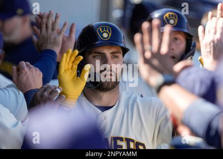 Milwaukee Brewers' Garrett Mitchell hits his second two-run home run during  the fifth inning of a spring training baseball game against the Los Angeles  Dodgers Saturday, Feb. 25, 2023, in Phoenix. (AP