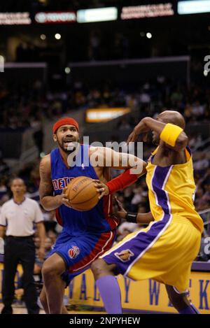 Detroit Pistons center Rasheed Wallace (36) is held back as teammate Tayshaun  Prince (22) yells at him after receiving a technical foul during game six  of their second round playoff series against