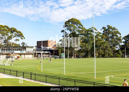 Australian sports football oval, the Lionel Watts sports field oval and clubhouse building in Frenchs Forest,Sydney,NSW,Australia Stock Photo