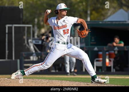 CORAL GABLES, FL - JUNE 02: Miami right-handed pitcher Sebastian Perez (52)  pitches in relief in the ninth inning as the Miami Hurricanes faced the  Maine Black Bears in the Coral Gables