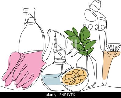 Continuous one line drawing of bottles for liquid laundry detergent, bleach, fabric softener, dishwashing liquid or another cleaning agent. Easy to place your text and brand logo. Vector illustration Stock Vector
