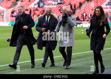 London, UK. 26th Feb, 2023. Sky Sports presenter Jamie Carragher shares a joke with former Newcastle United players Les Ferdinand and David Ginola during the EFL Carabao Cup Final match between Manchester United and Newcastle United at Wembley Stadium, London, England on 26 February 2023. Photo by Carlton Myrie. Editorial use only, license required for commercial use. No use in betting, games or a single club/league/player publications. Credit: UK Sports Pics Ltd/Alamy Live News Stock Photo