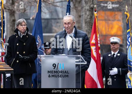US Senator Charles Schumer speaks at commemoration of the 30th Anniversary of the February 26, 1993 World Trade Center Attack at World Trade Center in New York on February 26, 2023 Stock Photo