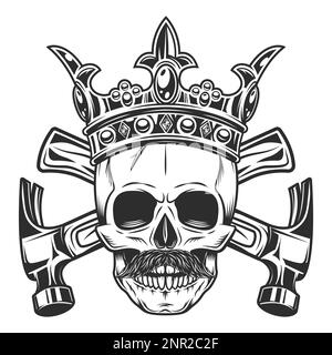 Skull with mustache and royal crown builder crossed hammers from new construction and remodeling house business in monochrome vintage style Stock Photo