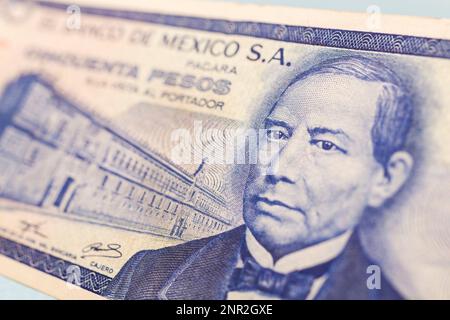 Old 1973 Mexican 50 pesos paper currency banknote with portrait of Benito Juárez and Government palace. Stock Photo
