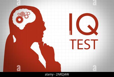 Silhouette of woman and illustrated brain with gears on light background, illustration. IQ test Stock Photo