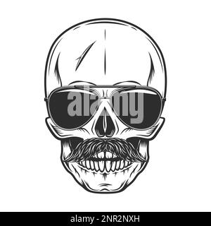 Hipster skull and mustache in sunglasses with reflection. Isolated on white background monochrome illustration Stock Vector