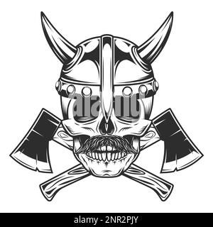 Viking skull mustached in horned helmet with crossed axes in vintage monochrome style isolated vector illustration Stock Vector