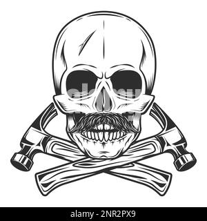 Skull with mustache and crossed builder hammers from new construction and remodeling house business in monochrome vintage style isolated vector Stock Vector