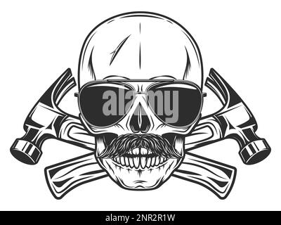 Skull with mustache and sunglasses builder crossed hammers from new construction and remodeling house business in monochrome vintage style Stock Vector