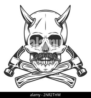 Skull with horn with mustache with builder crossed hammers from new construction and remodeling house business in monochrome vintage style Stock Vector