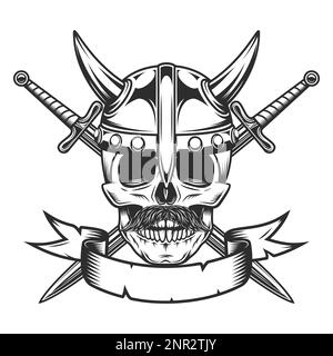 Viking skull with mustache in horned helmet and crossed sword Isolated on white background monochrome illustration Stock Vector